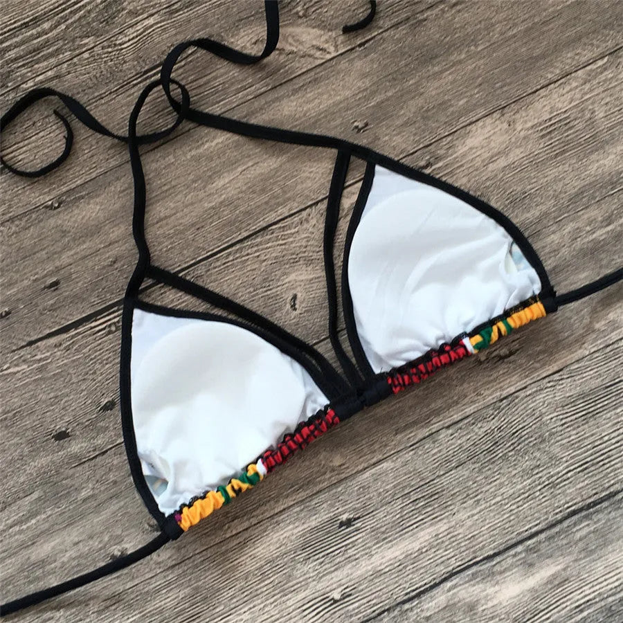 Women's high waist bikini swimsuit with digital printing pattern and backless design