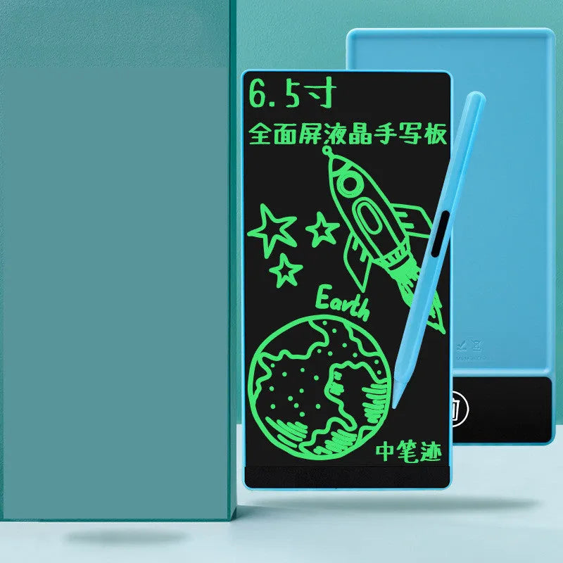 Blue LCD handwriting board with stylus on a 6.5-inch screen showing handwritten numbers