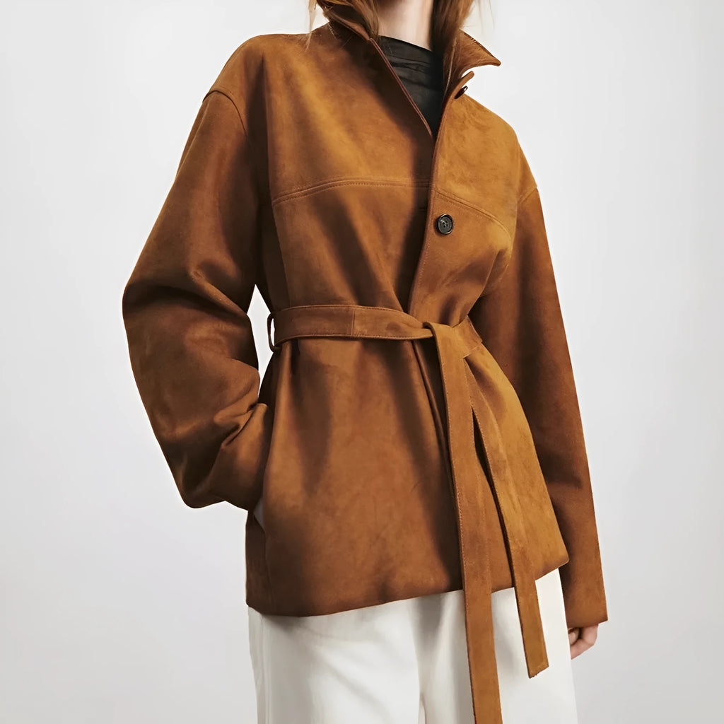French retro cashmere coat with Peter Pan collar and belt in yellow brown colour