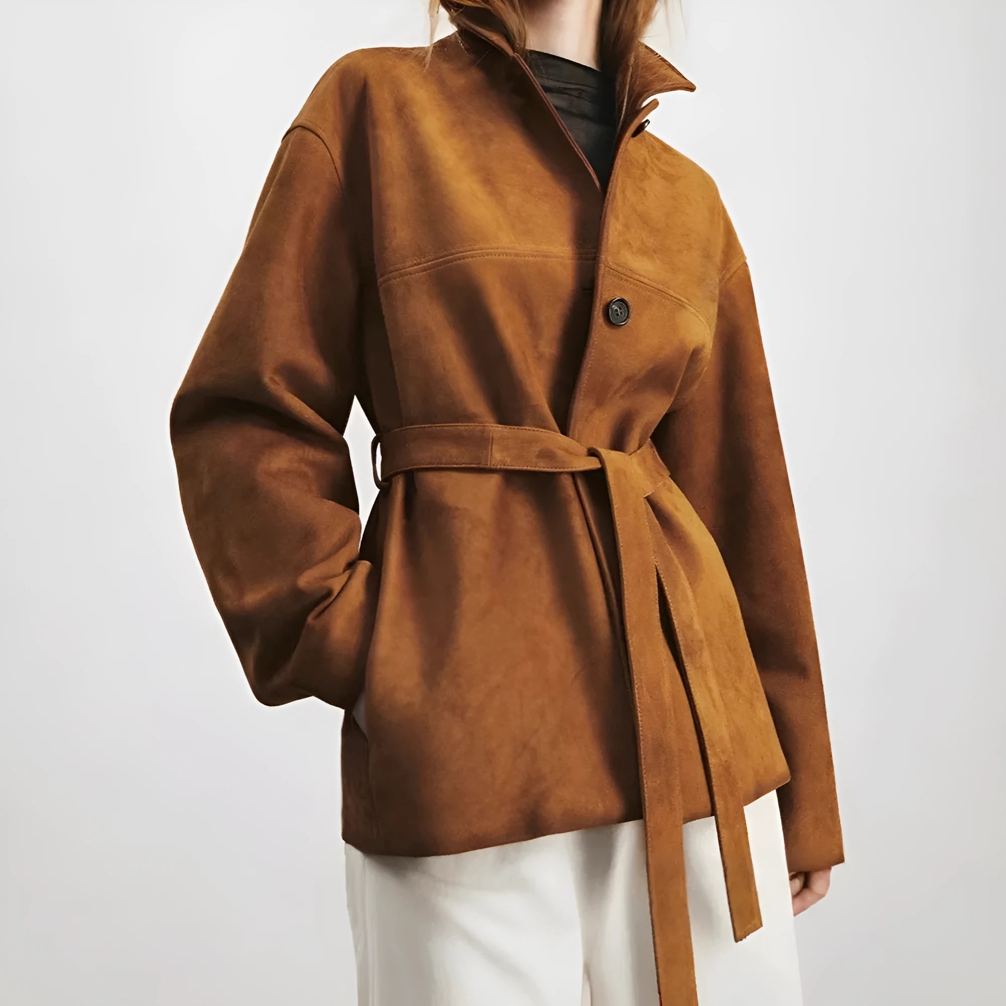 French retro cashmere coat with Peter Pan collar and belt in yellow brown colour