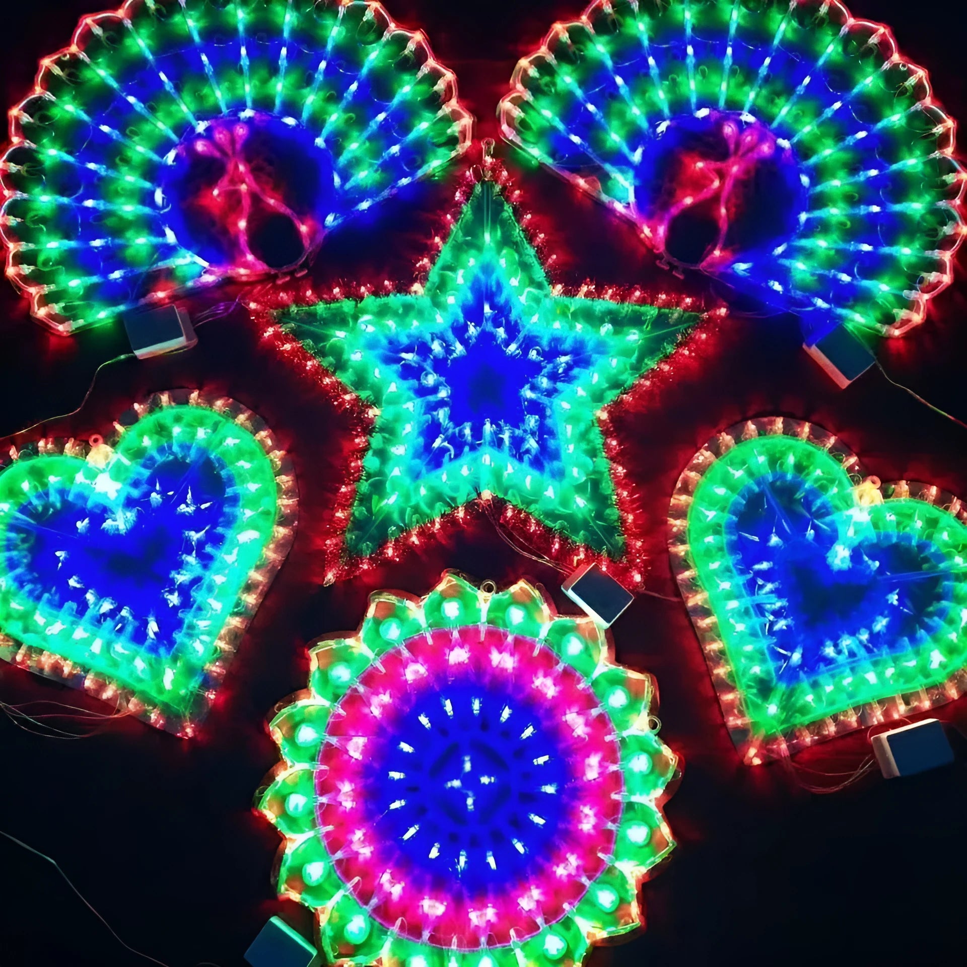 Outdoor decorative string lights with peacock, heart, sunflower and star shapes for Christmas garden displays