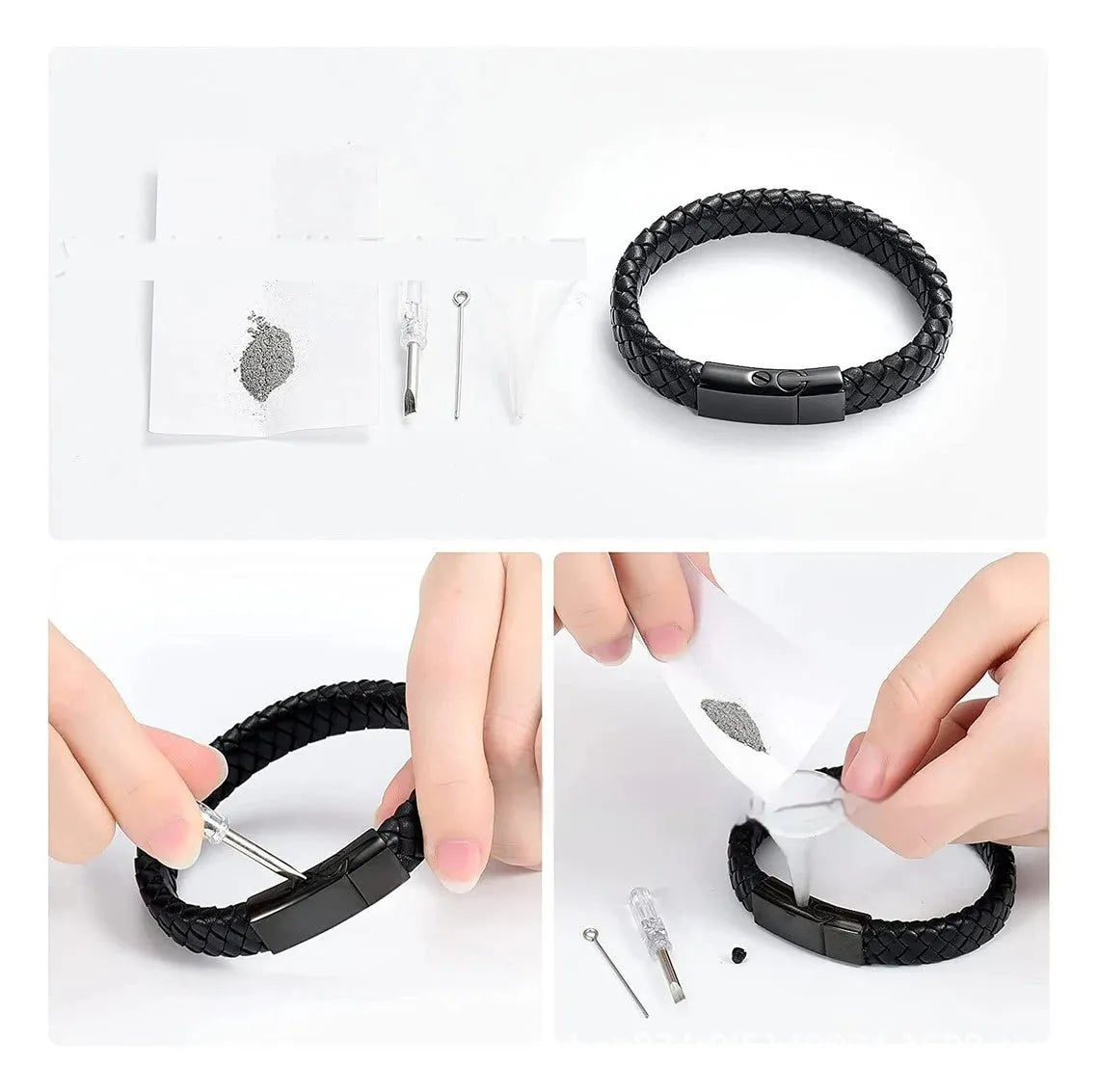 Black leather and stainless steel cinerary bracelet with weaving construction for travel commemoration