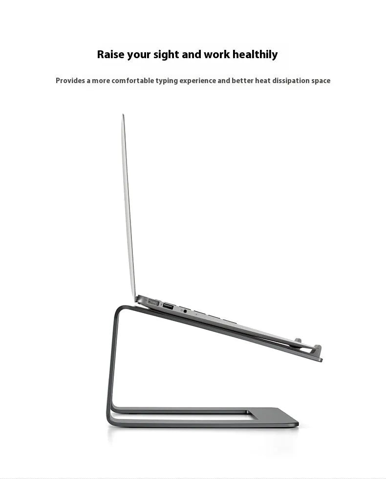 Black aluminium alloy laptop stand with ventilation slots on desktop