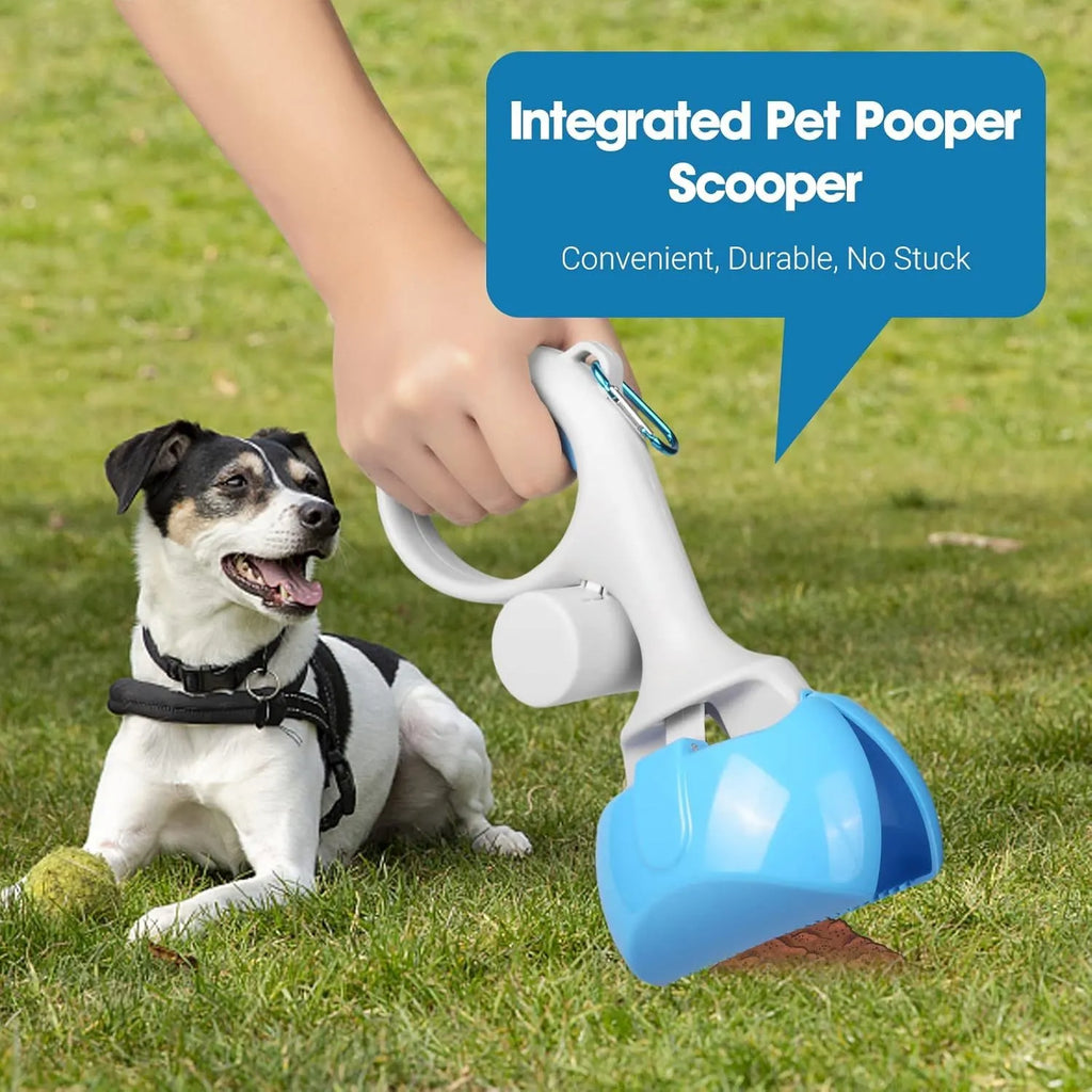 Blue ABS plastic pet pooper scooper with built-in trash bag holder and top hook.