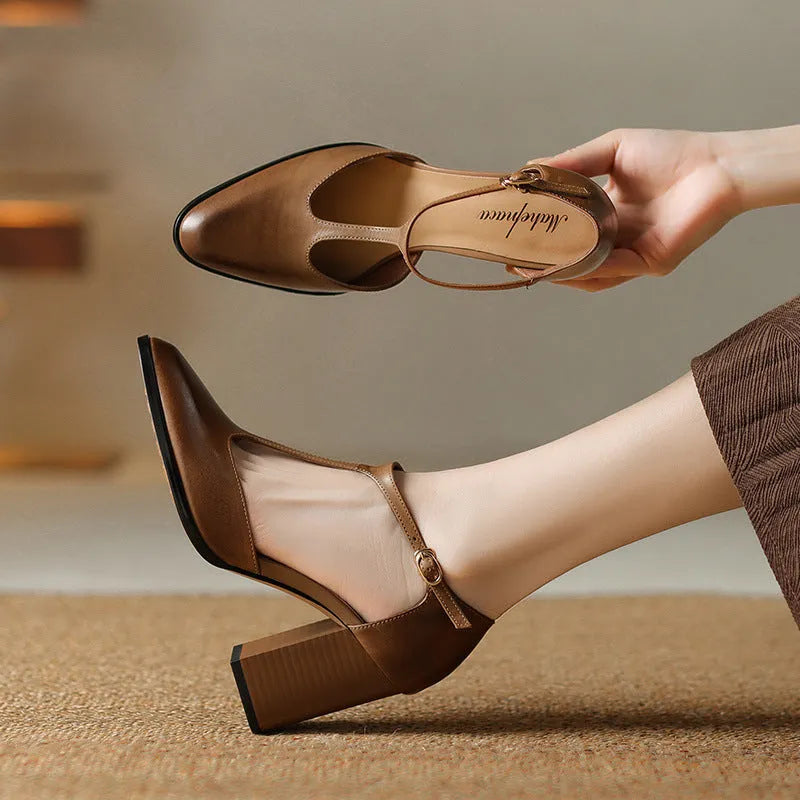 Baotou hollow women's retro pointed Mary Jane shoes in dark brown with buckle fastening