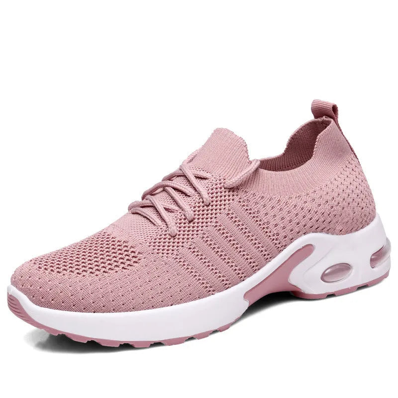 Women's black mesh casual sneaker with round toe and lace-up front on a non-slip PVC sole.