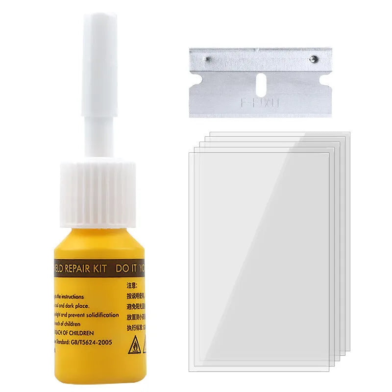 Yellow three-piece car windscreen repair agent tool set for stone chip and crack repair