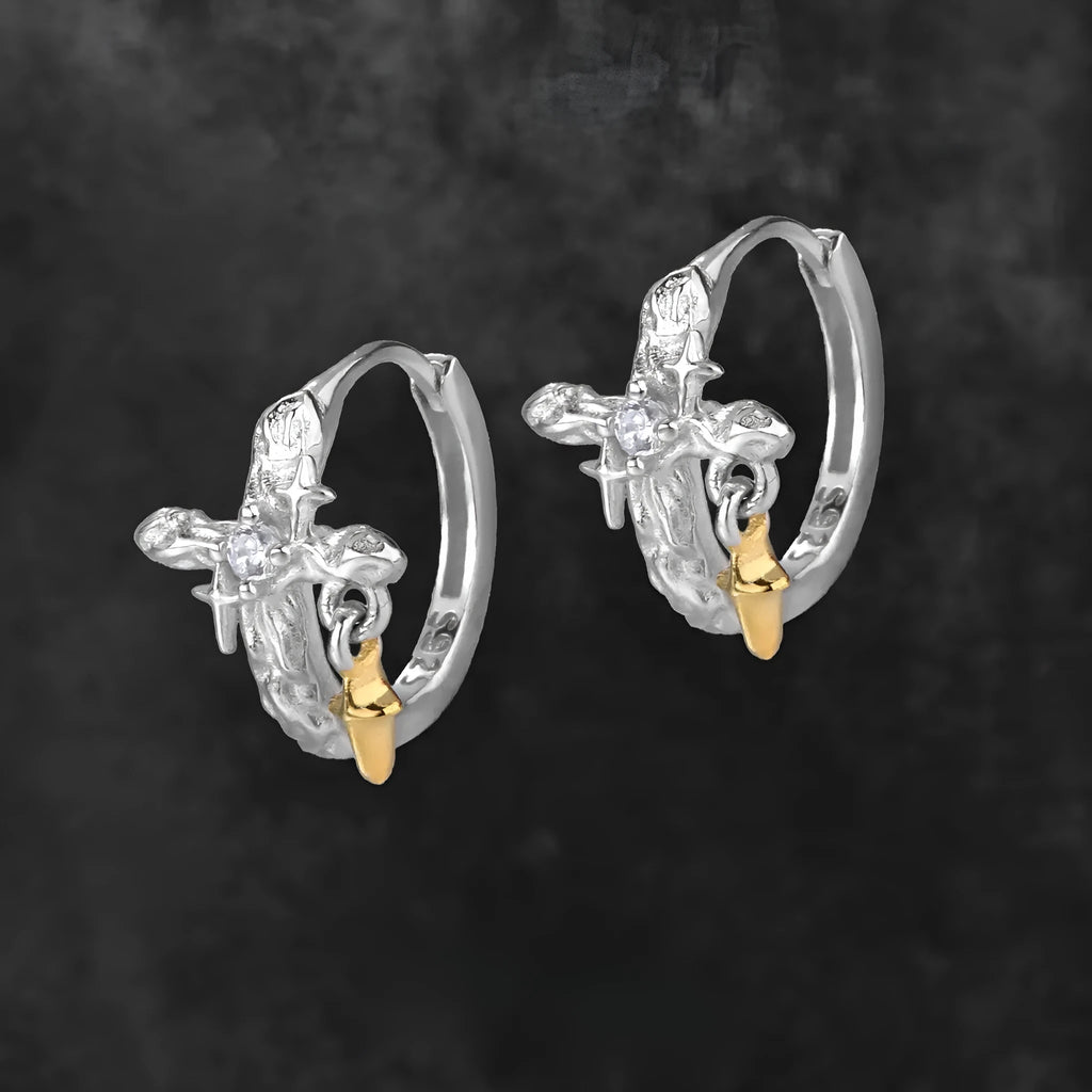 Women's geometric cross earrings in 925 silver with white gold plating and round design elements