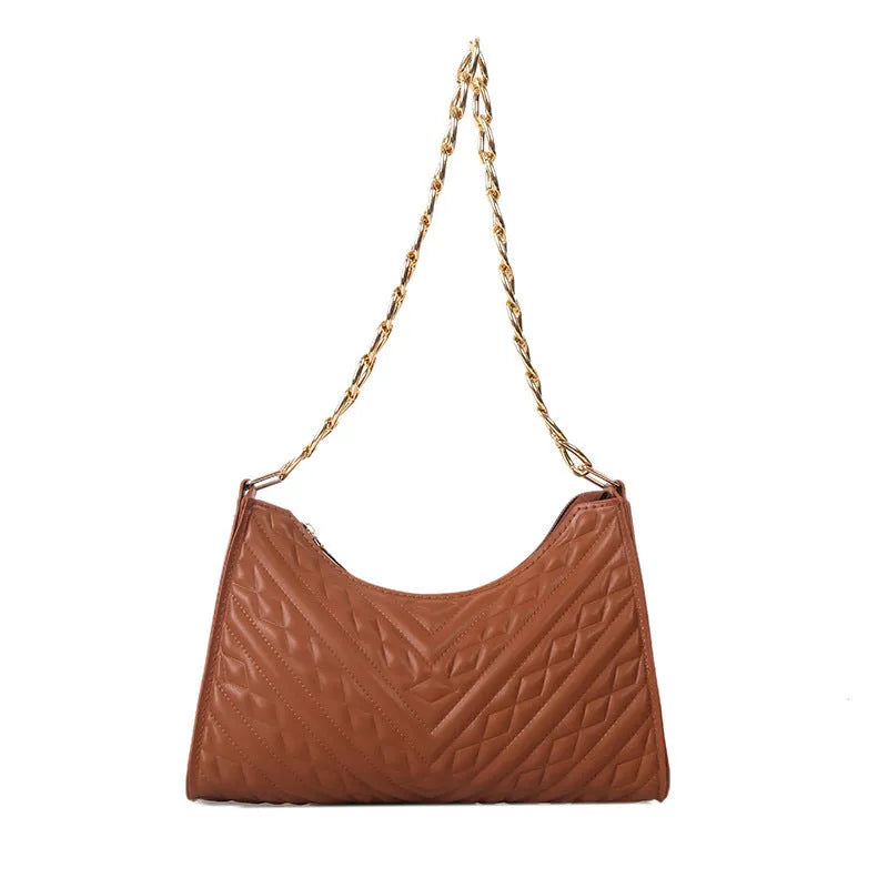 Brown PU pleated chain baguette shoulder bag showing vertical square shape with sewing line detailing