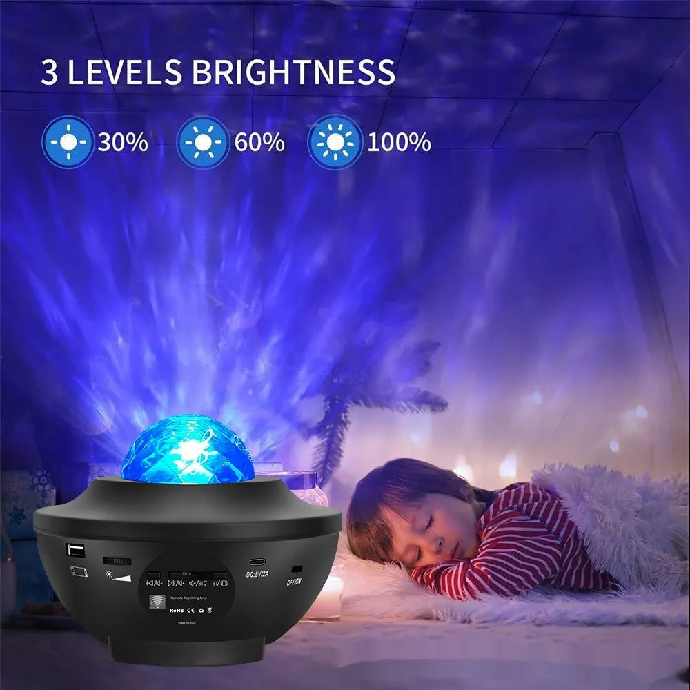 Black parallel style starry sky projection lamp with USB cable and remote control on desktop