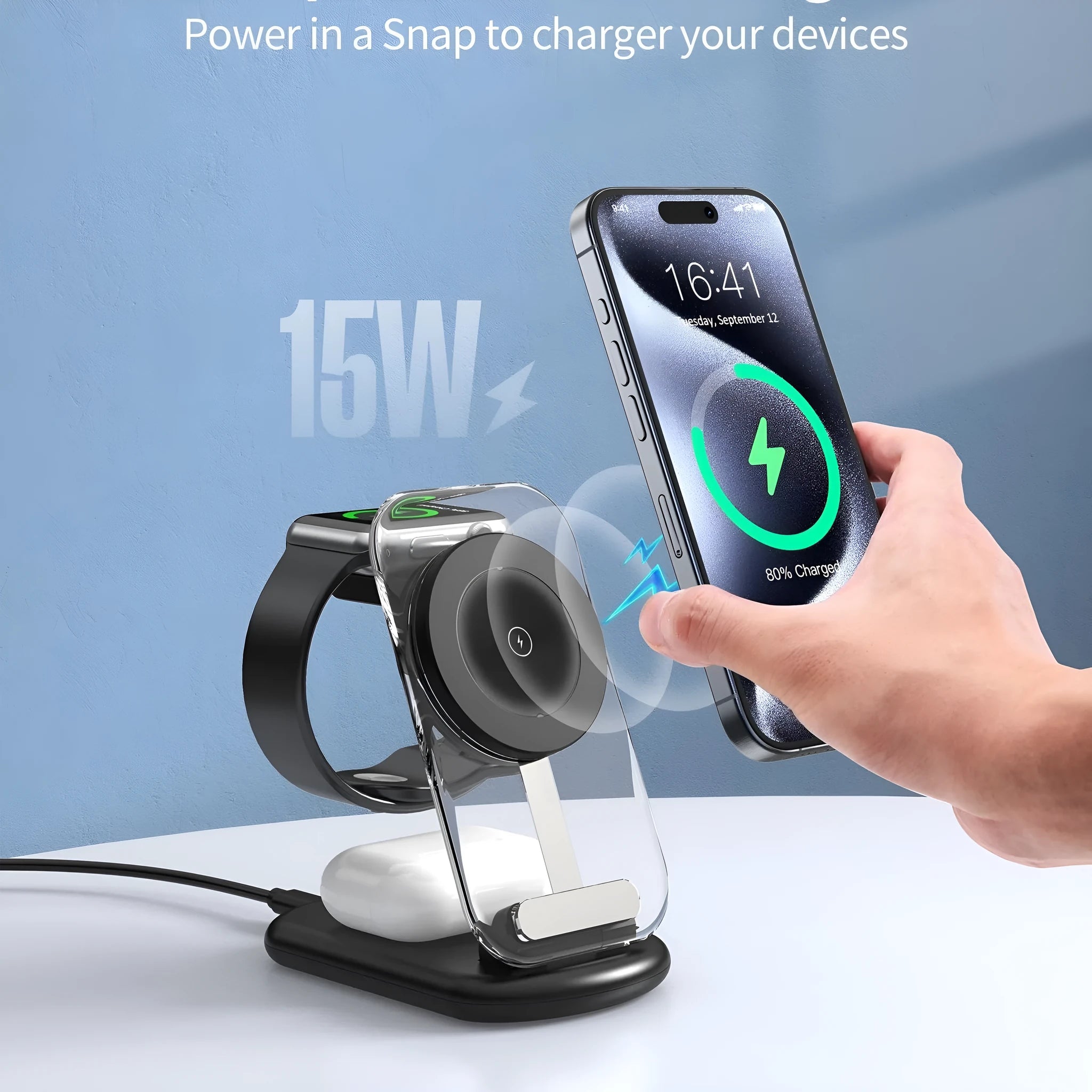 Transparent folding magnetic three-in-one wireless charger in black or white with QC3.0 fast charging