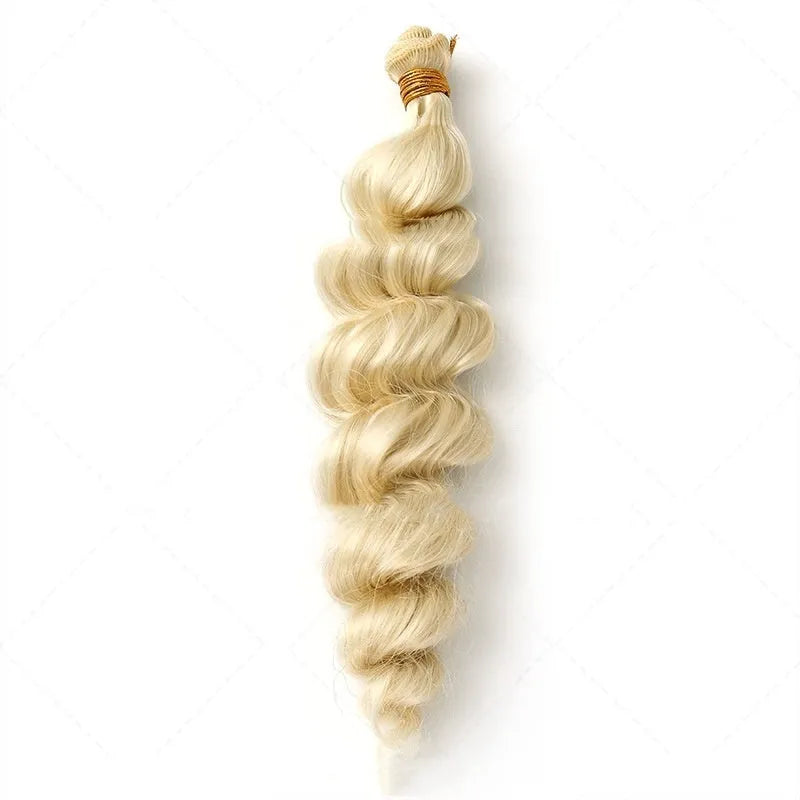 Golden synthetic hair weft wig for women shown in 18, 20 and 22 inch lengths