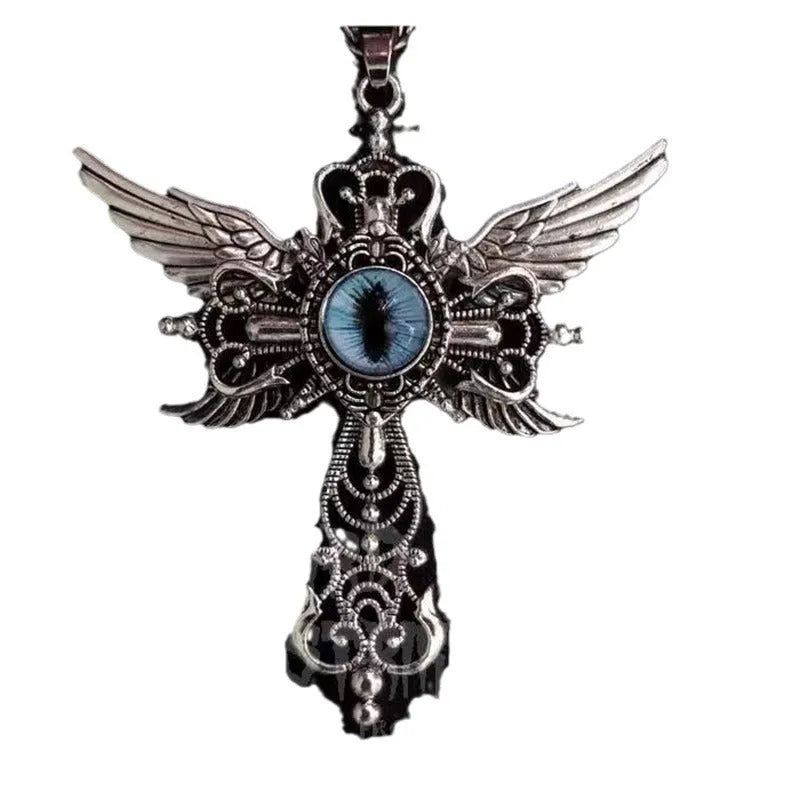 Geometric devil wings and cross alloy pendant necklace shown in available colours: blue, green, purple, red, yellow.