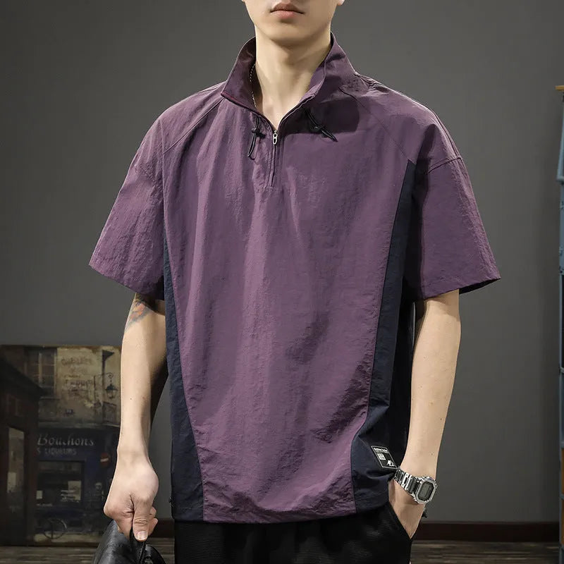 Men's brown half-zipped stand collar business shirt with short sleeves on hanger