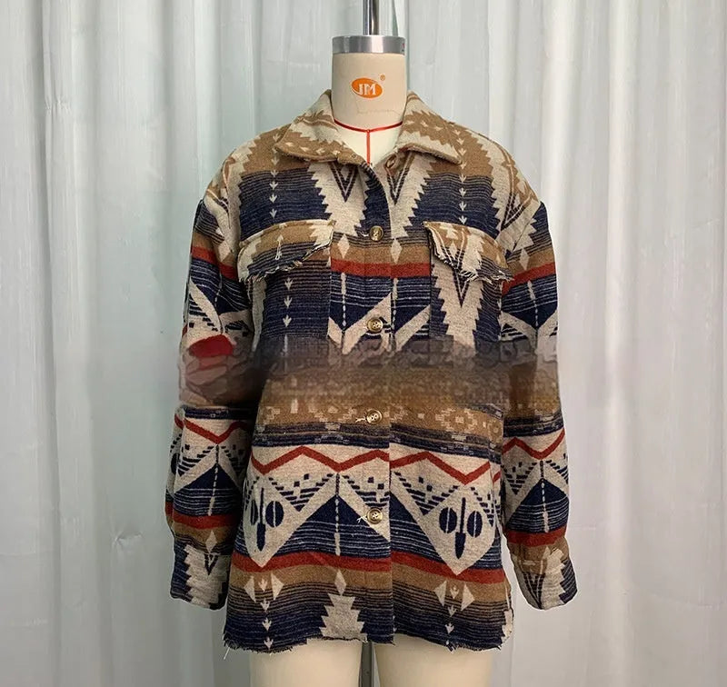 Women's retro Aztec print woolen jacket in army green, shown on a model with a loose fit and long sleeves.