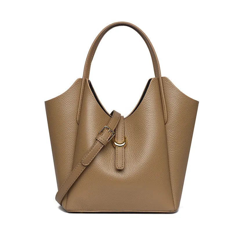 Genuine leather women's retro bucket bag with file compartment and sandwich pocket in beige colour