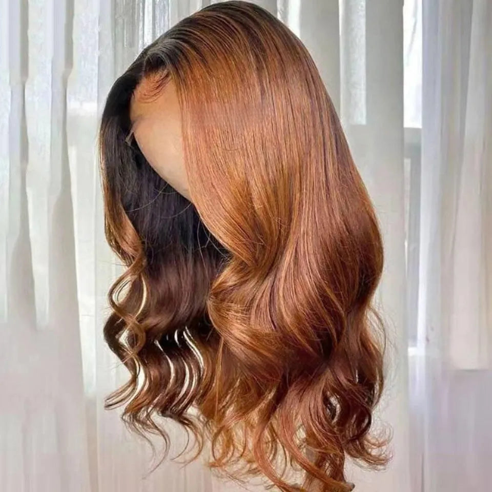 Human hair gradient wig with lace front cap in Ruili style, shown in a long length.