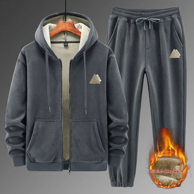 Grey cashmere hooded sports suit with cotton pants laid flat.