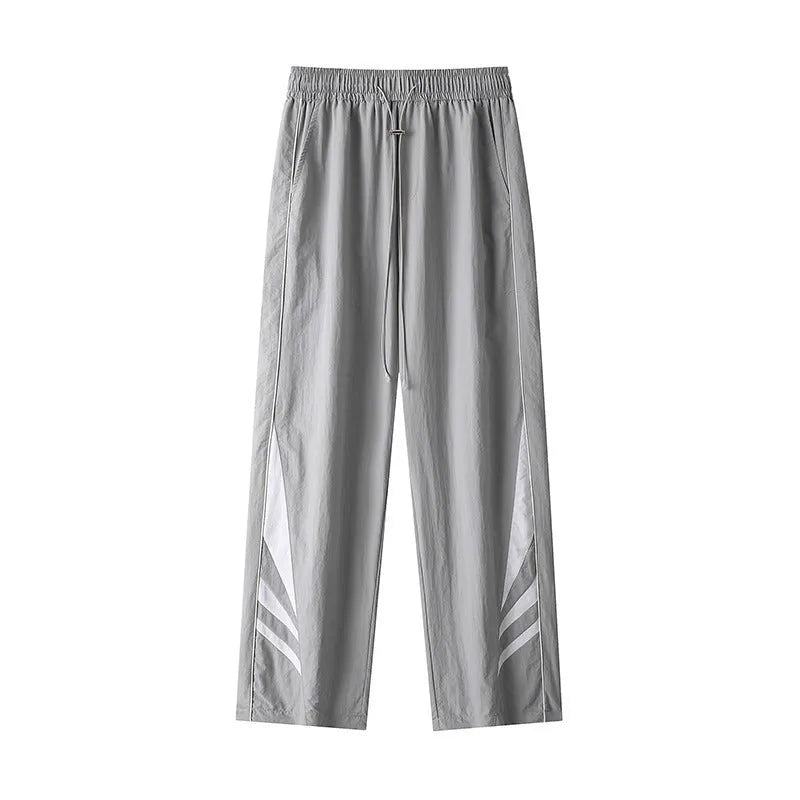 Men's straight leg casual sports trousers in black cotton blend fabric with elastic waist
