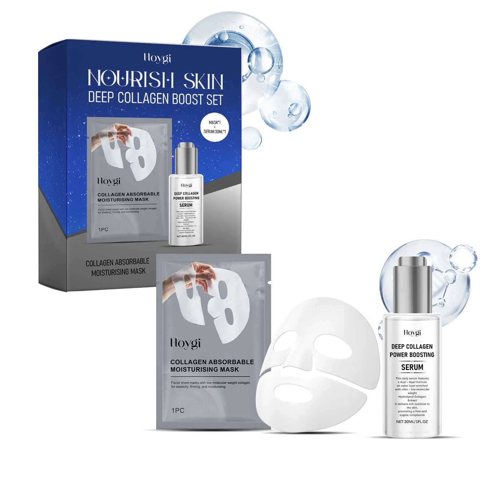 Single-use collagen moisturising facial sheet mask and 30ml essence sachet.