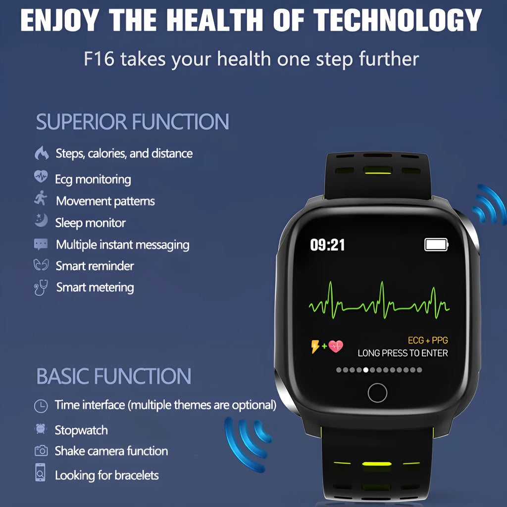 F16 smart watch with ECG function on wrist, showing black grey silicone band and 43mm IPS touchscreen display.