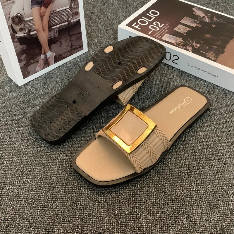 Women's flat summer slippers in apricot colour with waterproof PVC sole and casual design
