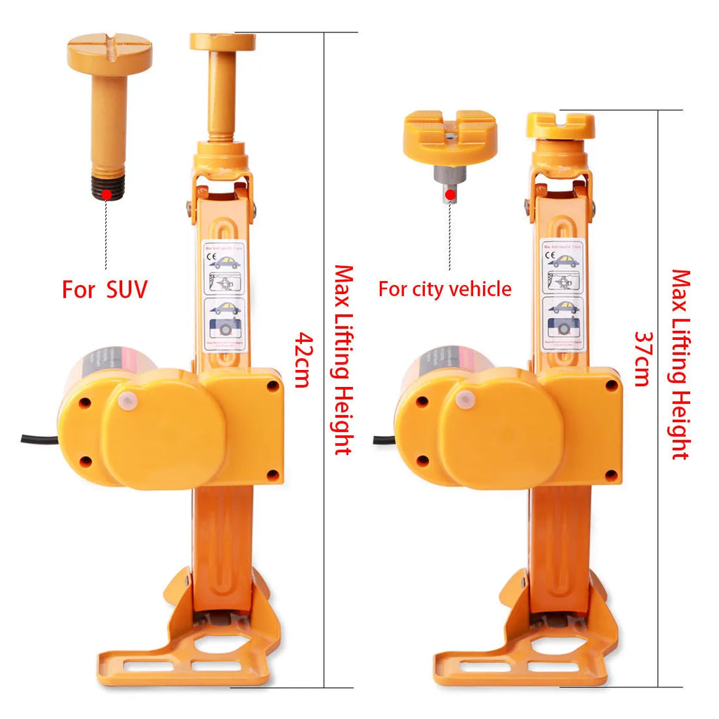 Yellow electric car jack set with wrench in carrying case for roadside tyre changes