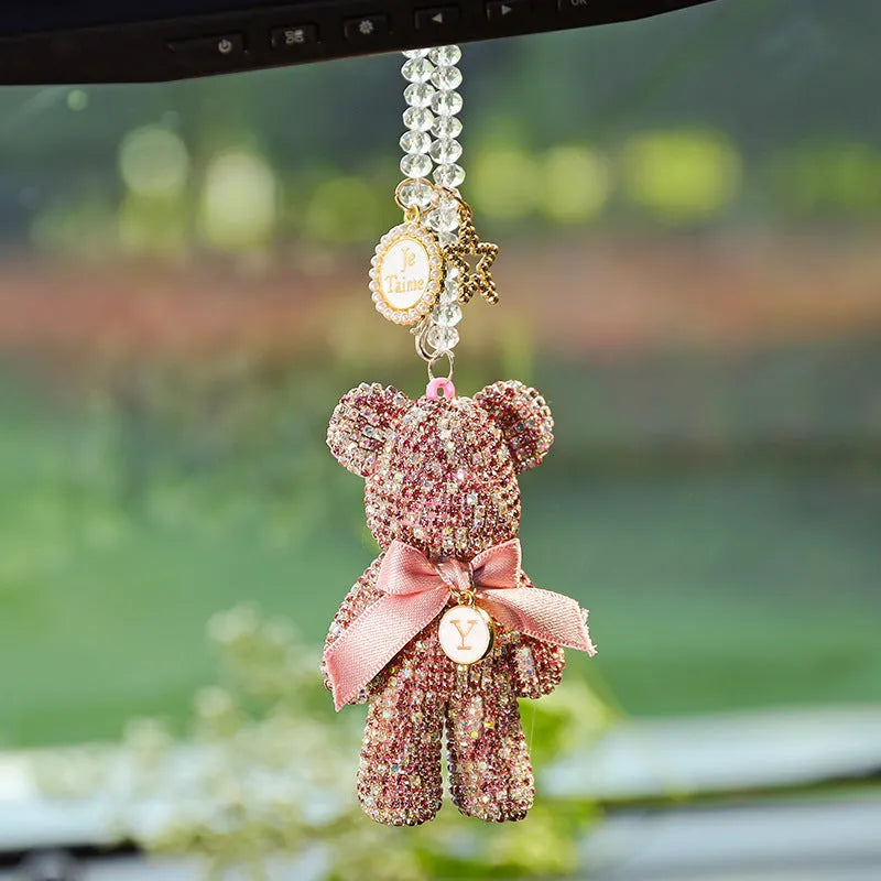 Diamond-embedded violent bear car rearview mirror pendant measuring 5x9cm in crystal rhinestones