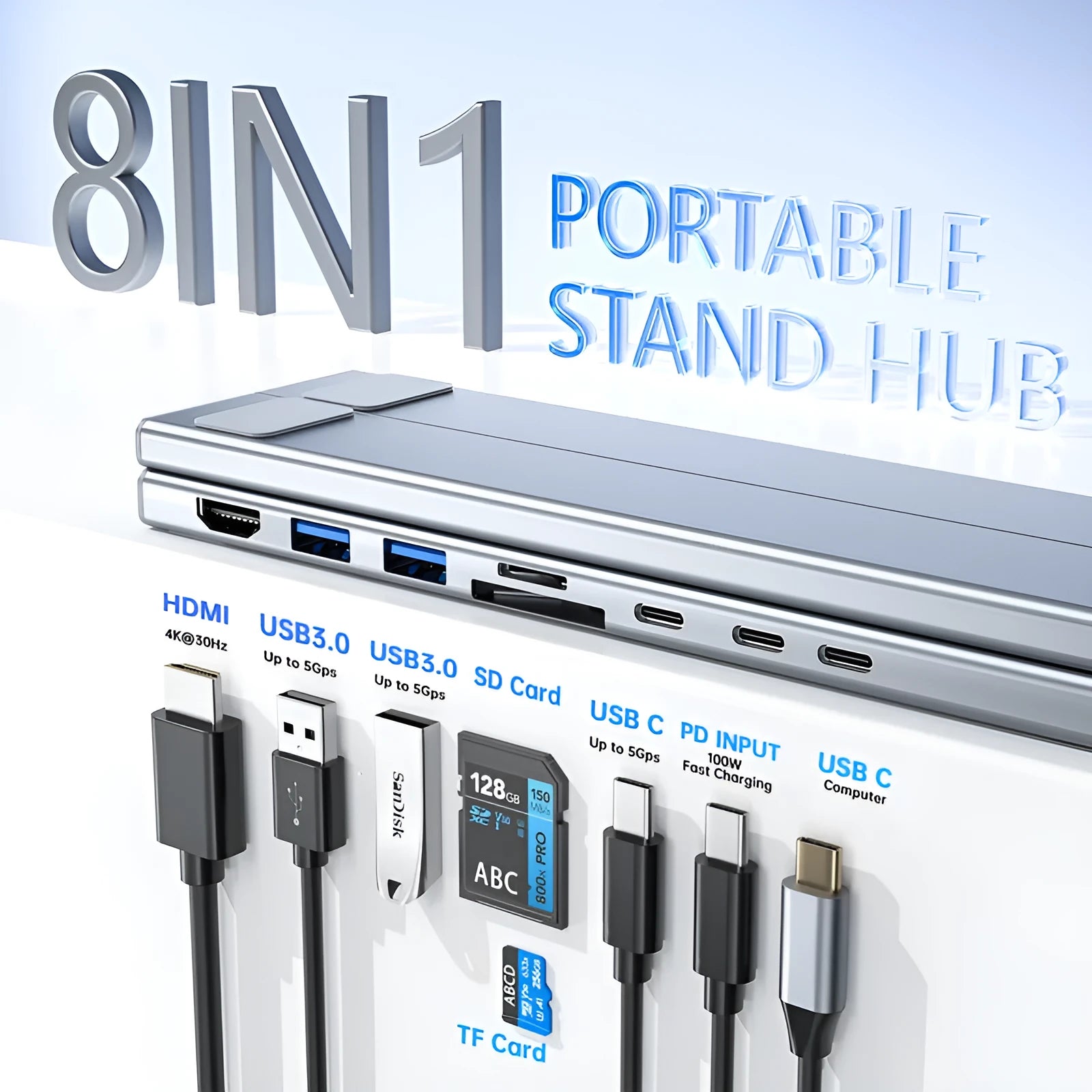 Aluminium alloy folding laptop stand with multi-port docking station in open position