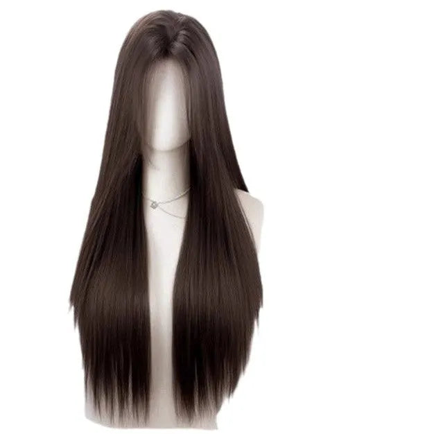 Full-head forehead lace wig with mid-length straight black hair and styling accessories