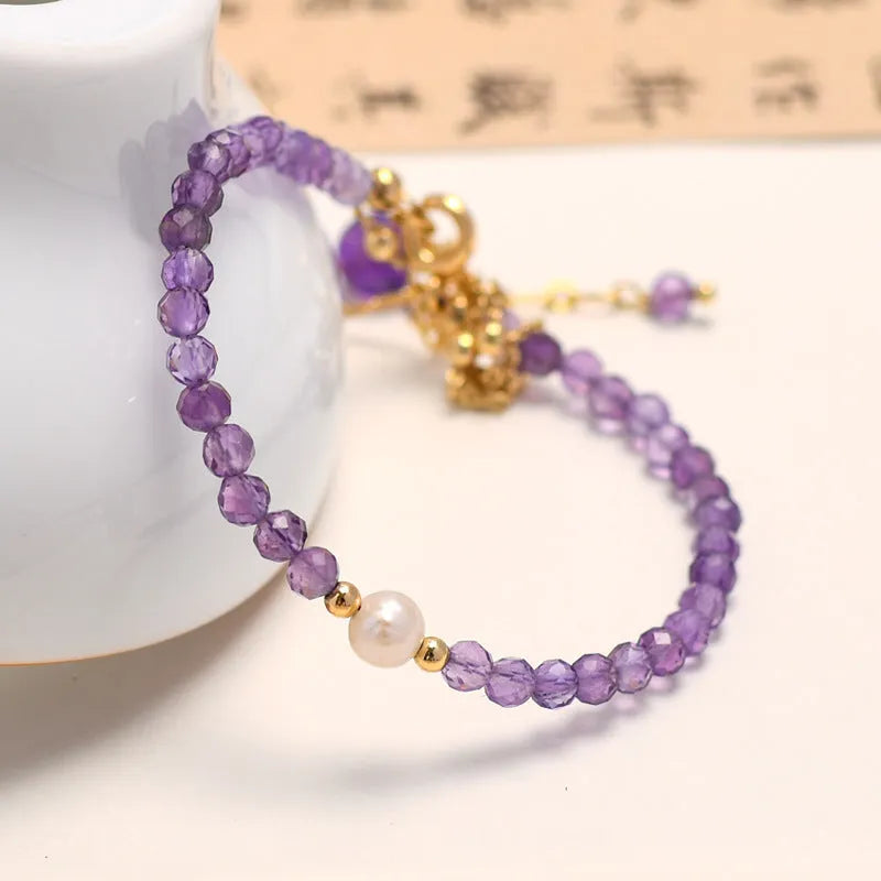 Chinese style women's amethyst crystal bracelet with diamond shaped beads and electroplated metal