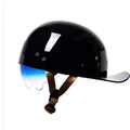 Men's bright black retro half helmet for electric bicycles with a blue gradient lens visor.