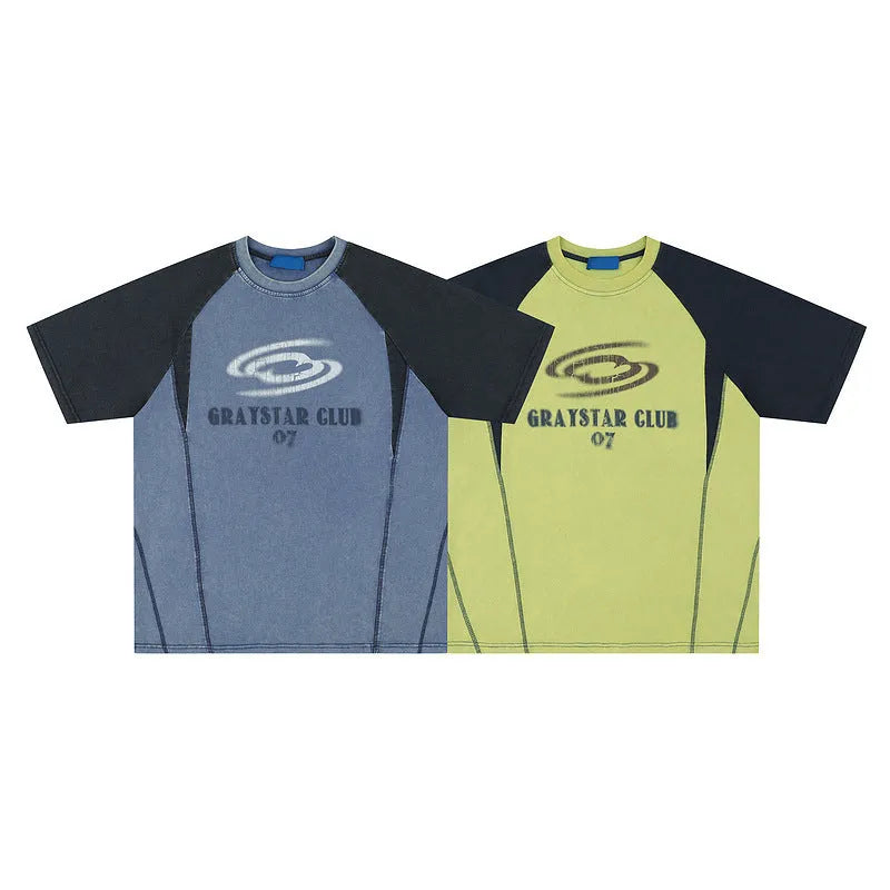 Men's blue hip hop letter print cotton t-shirt with raglan sleeves on a hanger