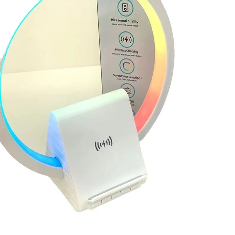 White rectangular smart Bluetooth speaker with wireless charging pad and ambient lighting
