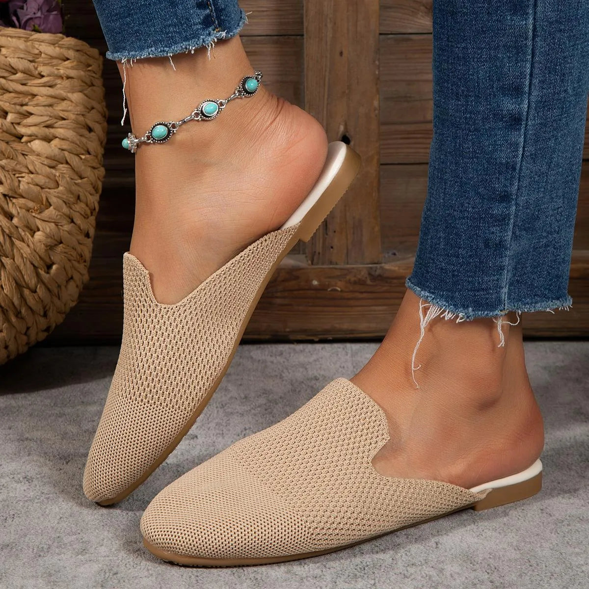 Apricot, blue, and green candy colour mesh slip-on loafers with round toe and rubber sole.
