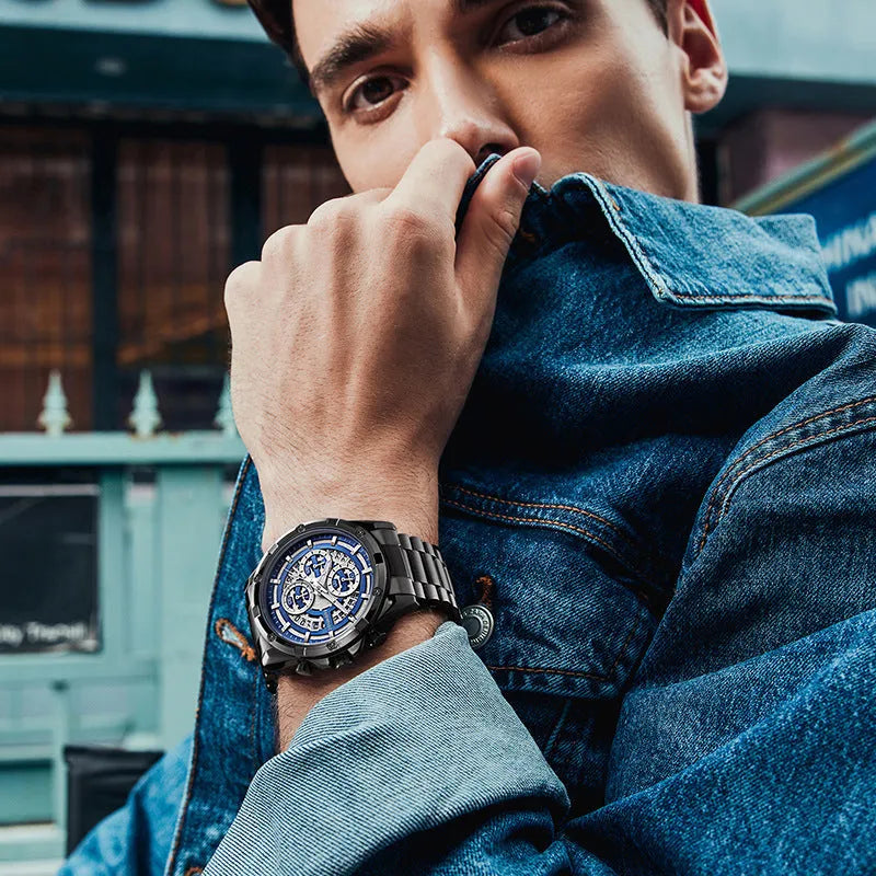 Men's waterproof luminous quartz watch with stainless steel band in three colour options