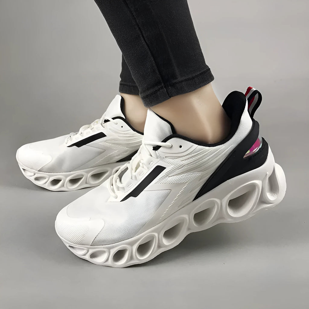Men's black mesh sports shoes with white sole and round toe lace-up design.