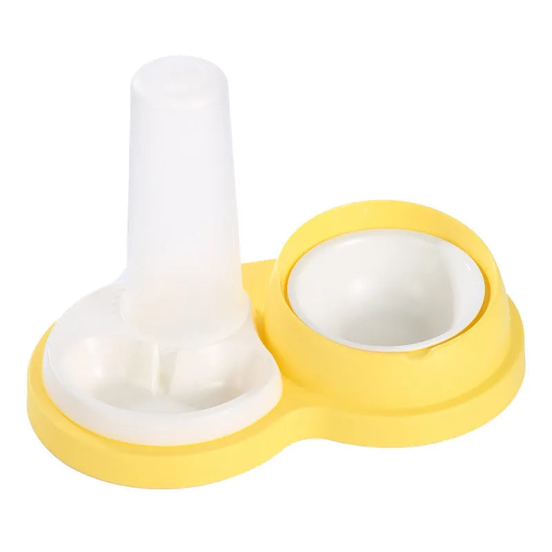 Grey and yellow dual pet bowl with raised neck protection and non-slip base