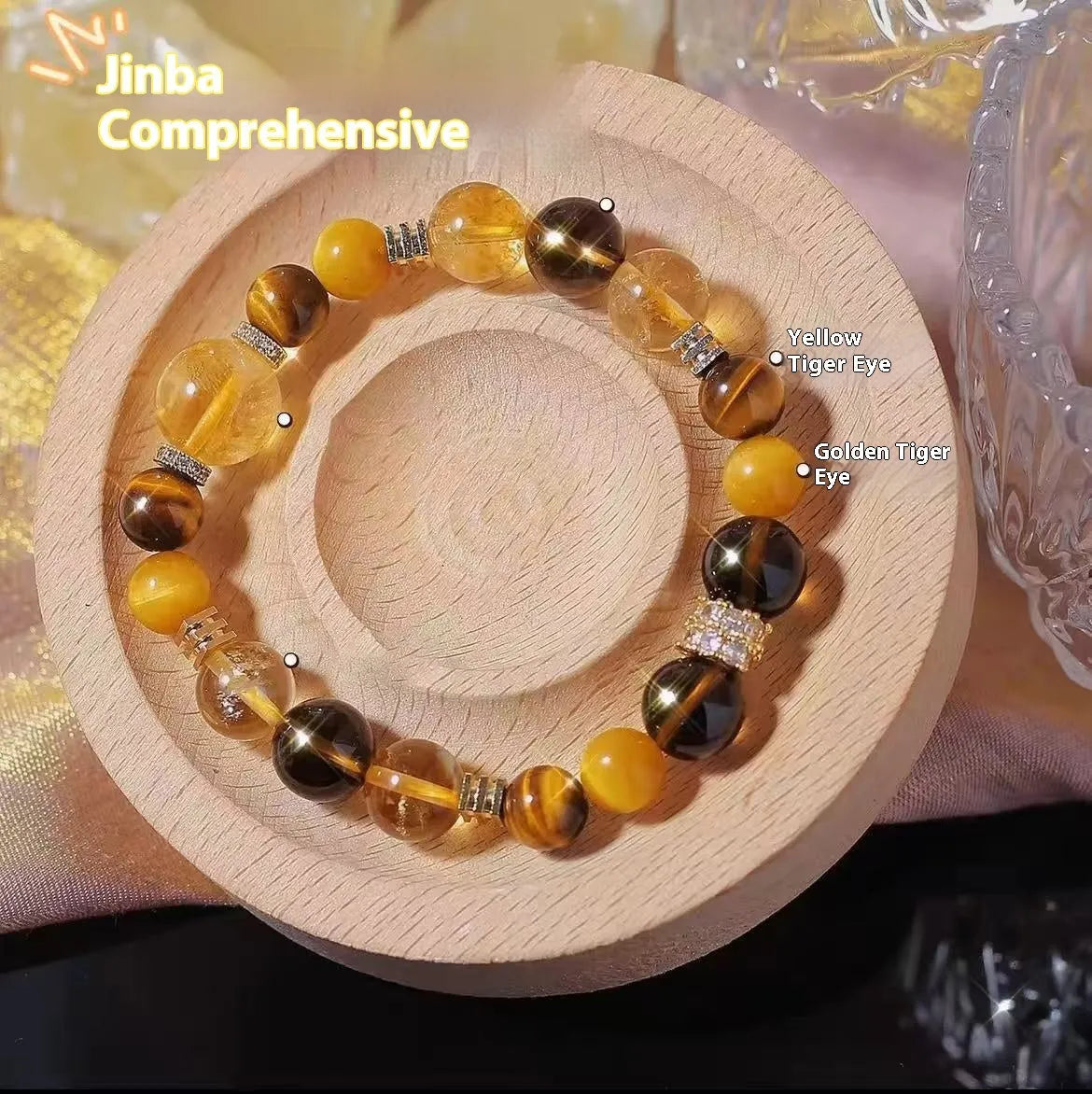 Women's natural style yellow tower crystal bead bracelet with 10mm Jinba large beads on wrist