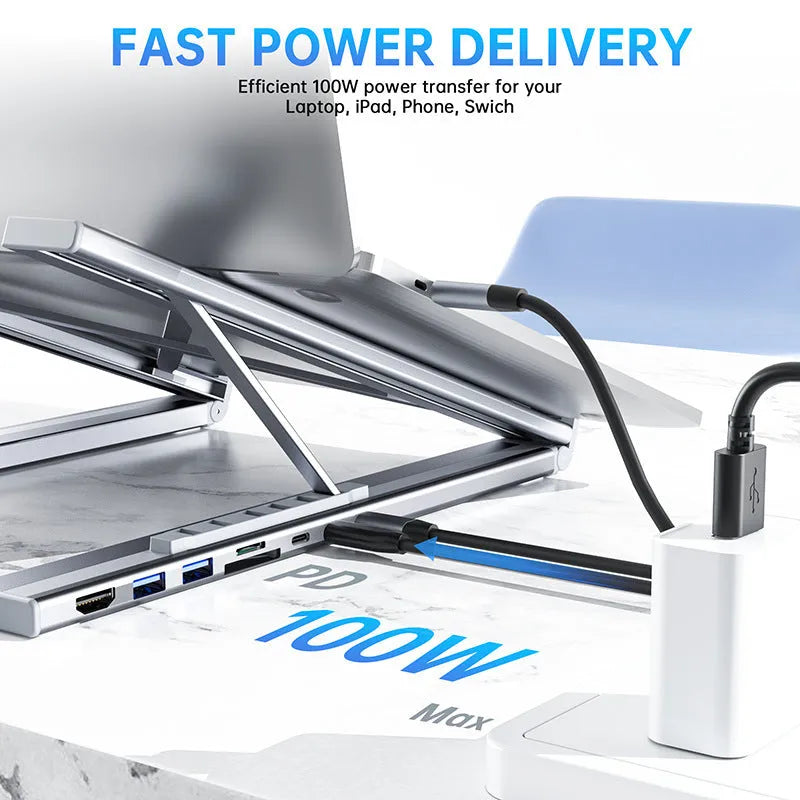 Aluminium alloy folding laptop stand with multi-port docking station in open position