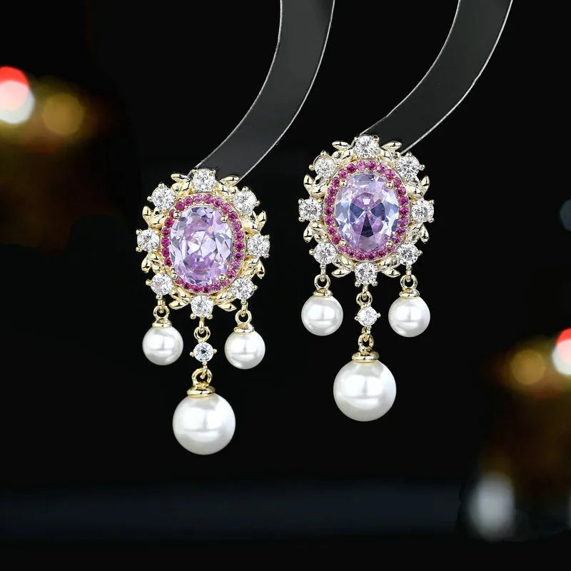 Oval geometric zircon inlaid pearl tassel earrings in light purple, pink, white, or light blue