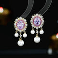 Oval geometric zircon inlaid pearl tassel earrings in light purple, pink, white, or light blue
