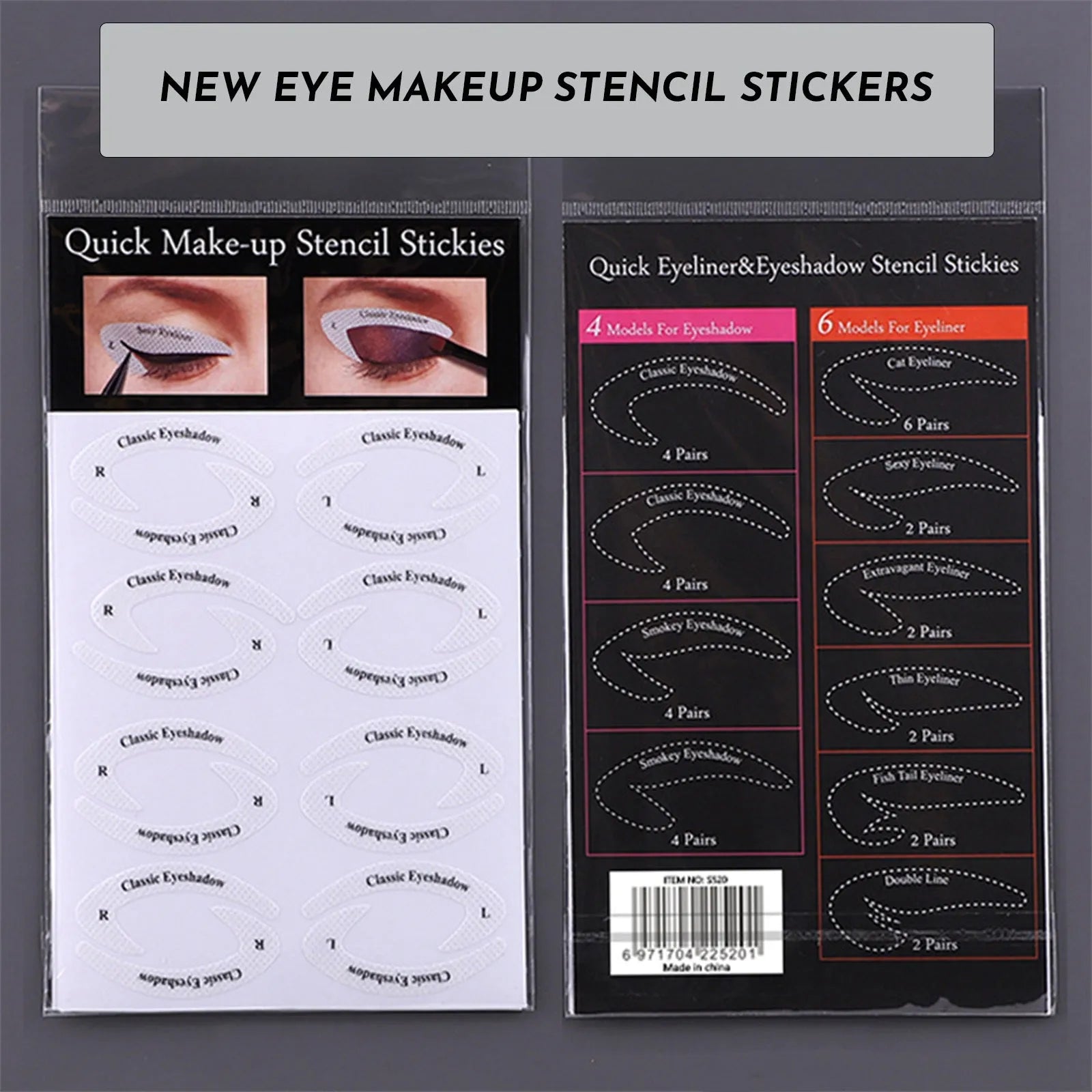 Pack of four reusable flexible eyeliner and eyeshadow makeup stencil stickers on a pink background