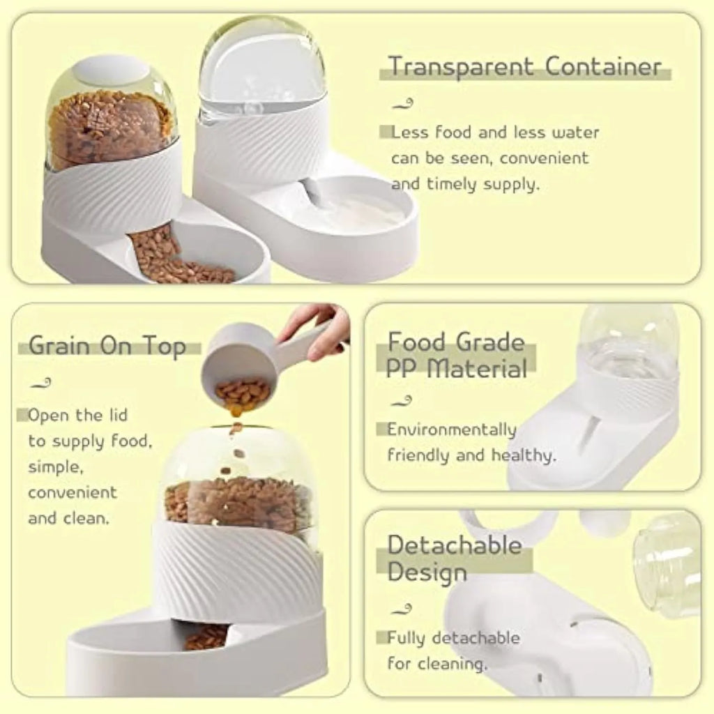 White automatic gravity cat feeder and water dispenser set with wave-shaped design.