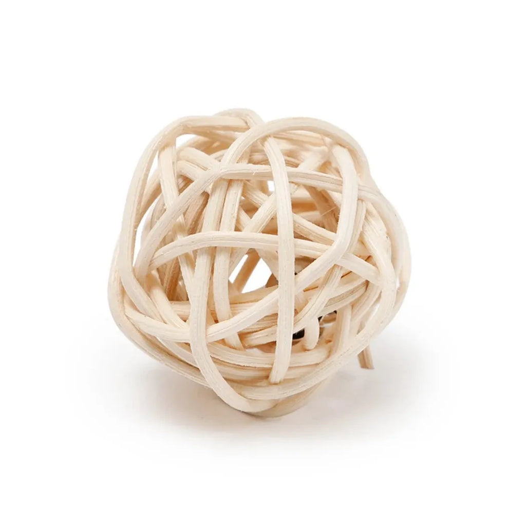 Set of two cat toys: hollow rattan ball and faux feather bell ball with bell for kitten play.