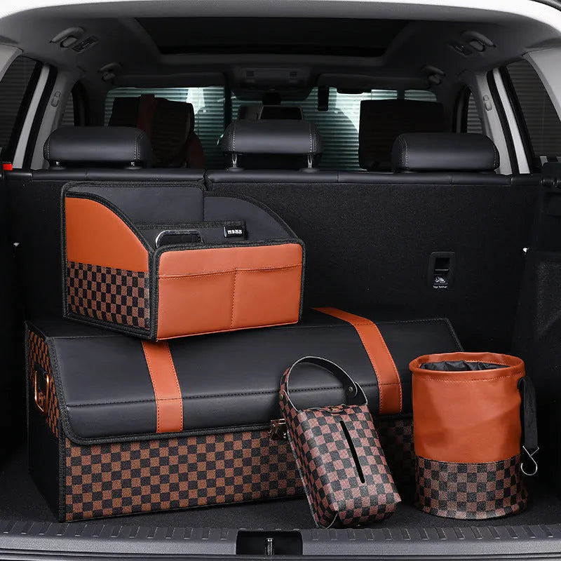 Leather retractable folding car trash can with handle shown in vehicle interior