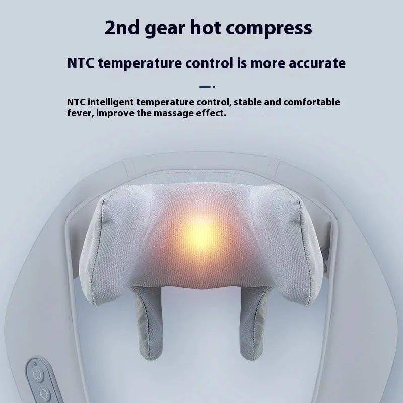 Grey USB-powered neck and back massager with elastic fabric and two-speed controls