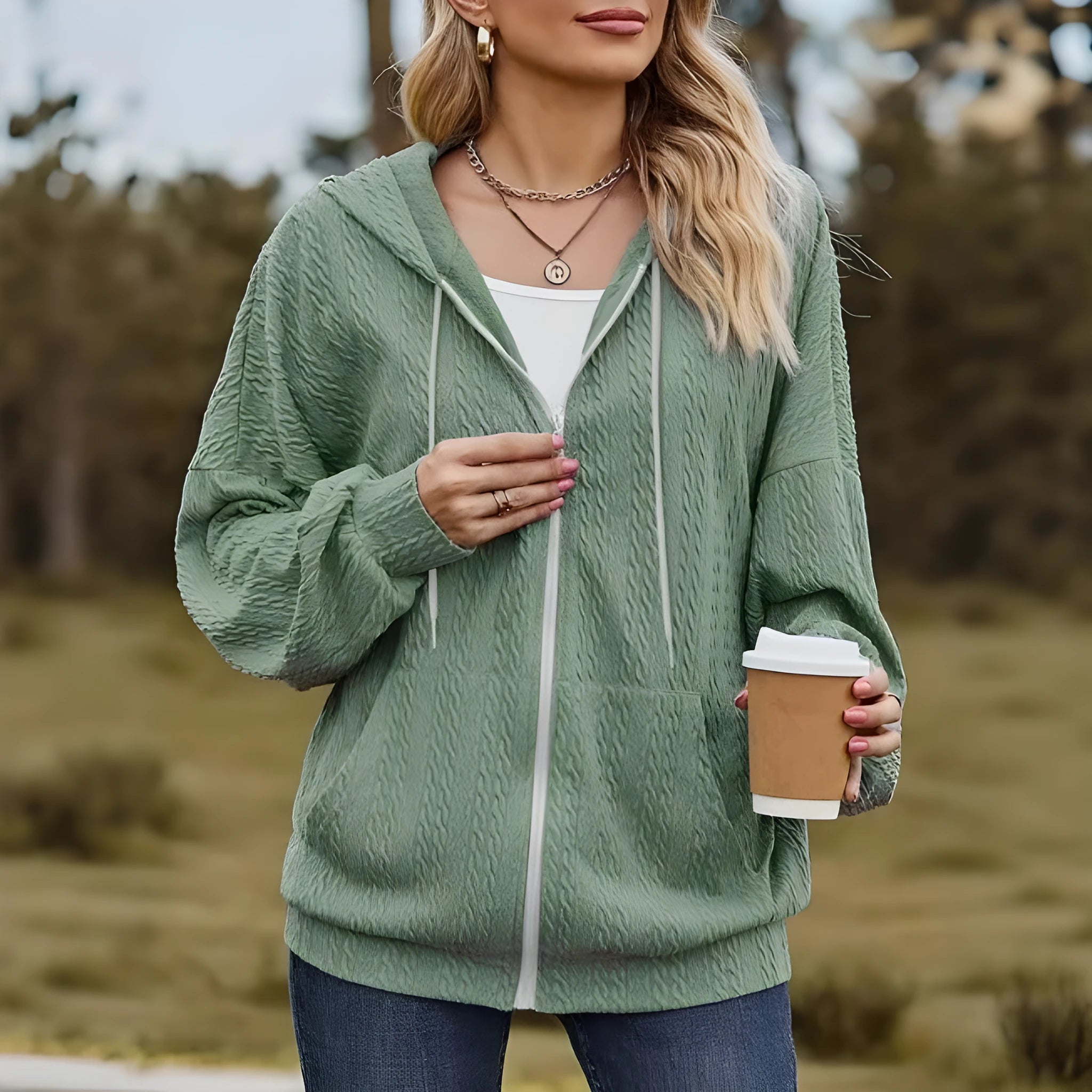 Green women's hooded sweater coat with a full-length front zipper, shown in a loose casual fit.