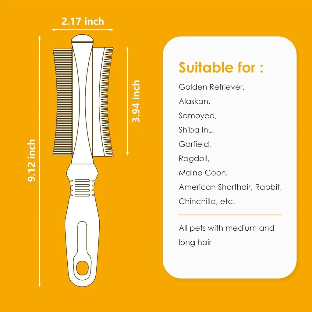 White double sided pet brush with grooming comb and deshedding brush head on an ergonomic handle.