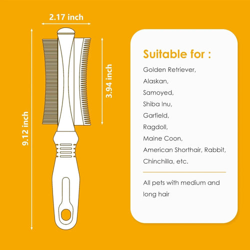 White double sided pet brush with grooming comb and deshedding brush head on an ergonomic handle.